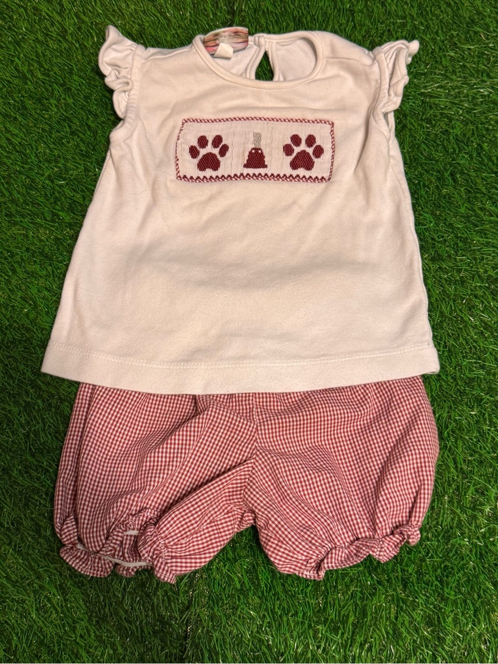 White Smocked Paw Print Top with Red Gingham Bloomers